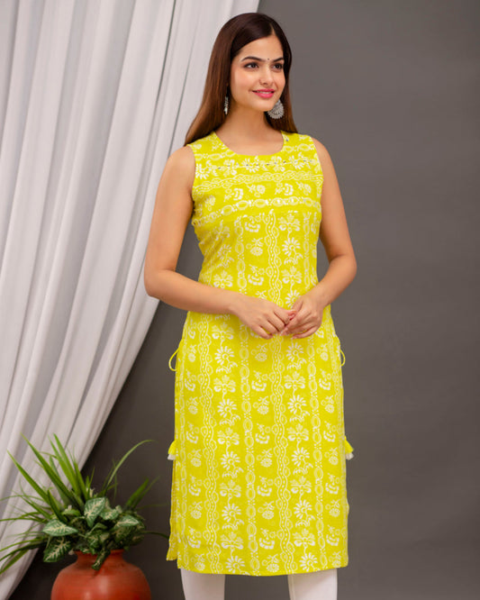 Lemon Green Beauty: Sleeveless Rayon Kurta with Mirror Work