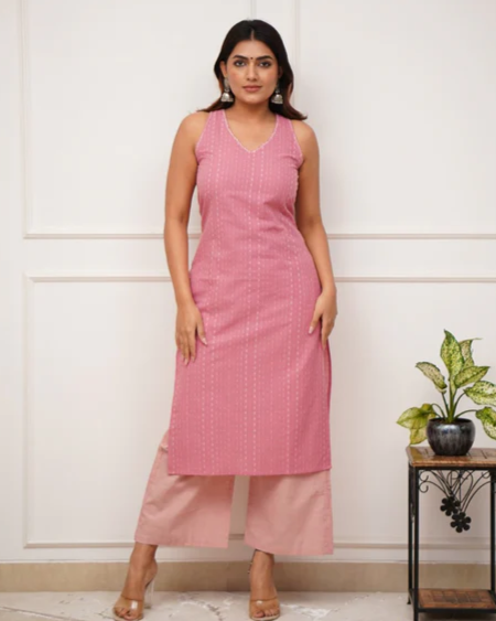 Pink Handloom Katha Work Kurta Set with Plazo