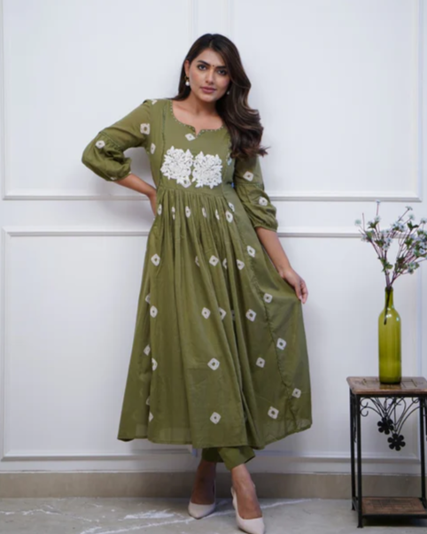 Mehandi Green Elegance: Embroidered Anarkali Kurta Set