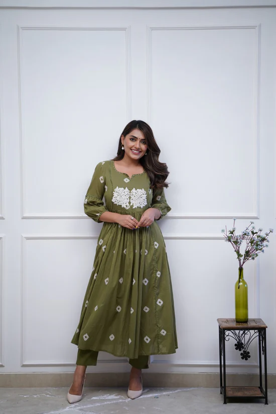 Mehandi Green Elegance: Embroidered Anarkali Kurta Set