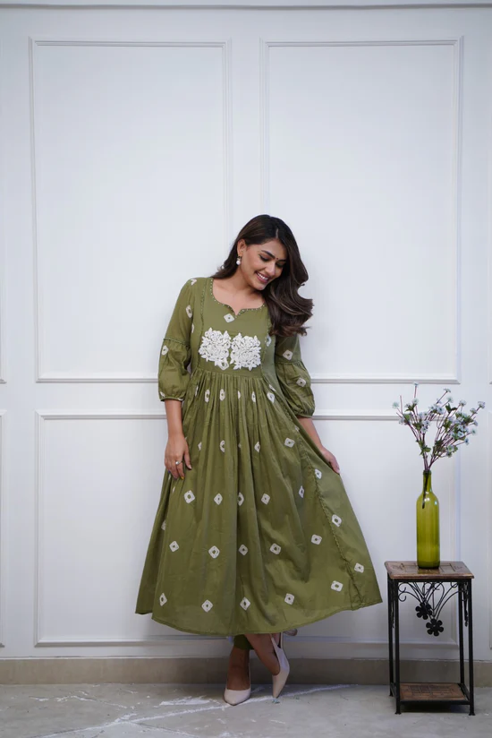 Mehandi Green Elegance: Embroidered Anarkali Kurta Set