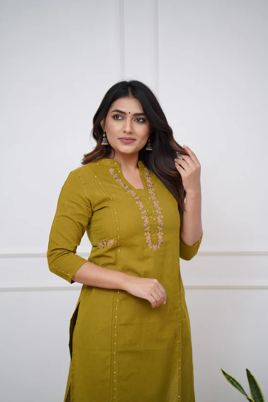 Mehandi Green Bliss: Pleated Cotton Kurta Set with Embroidery Panels