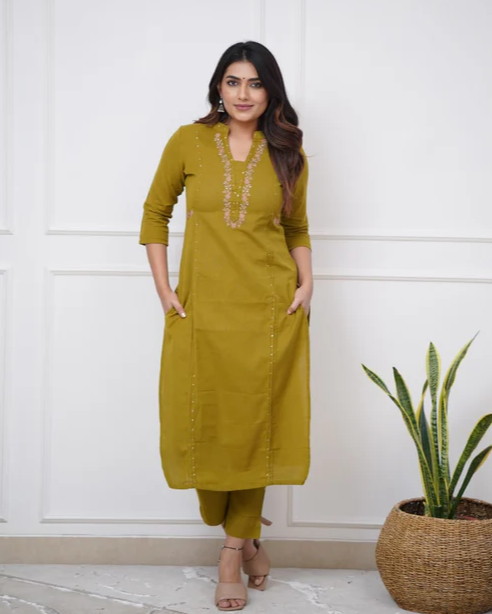 Mehandi Green Bliss: Pleated Cotton Kurta Set with Embroidery Panels