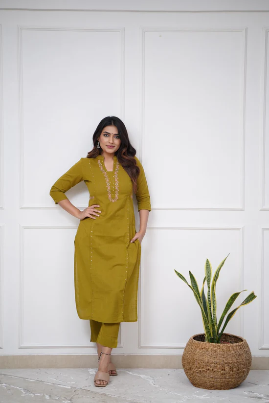 Mehandi Green Bliss: Pleated Cotton Kurta Set with Embroidery Panels