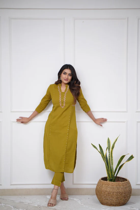 Mehandi Green Bliss: Pleated Cotton Kurta Set with Embroidery Panels