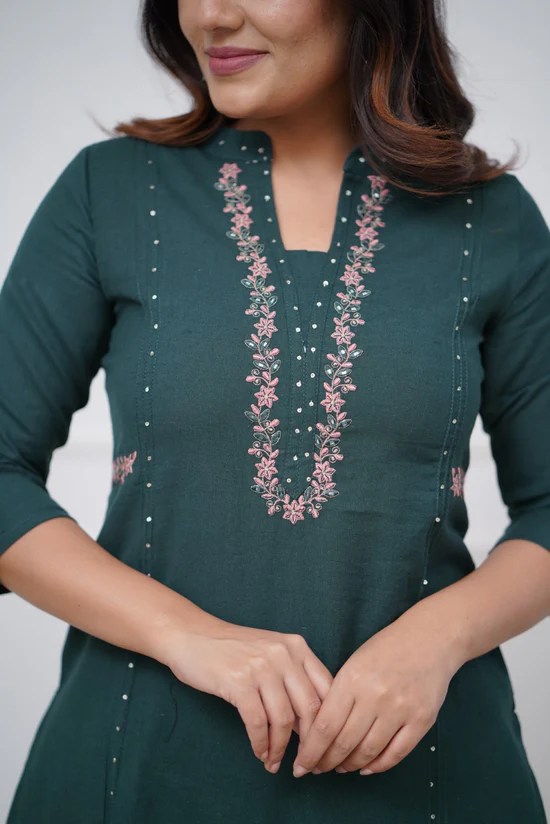 Green Elegance: Pleated Cotton Kurta Set with Embroidery Panels