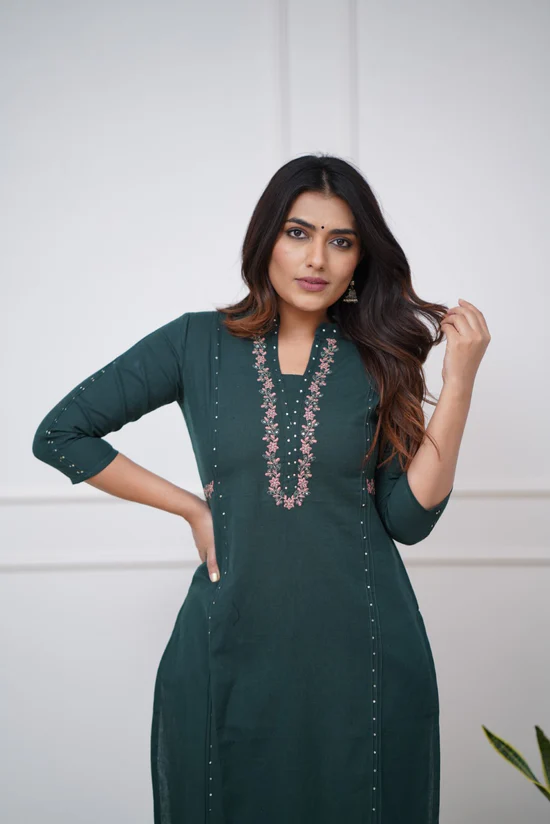 Green Elegance: Pleated Cotton Kurta Set with Embroidery Panels