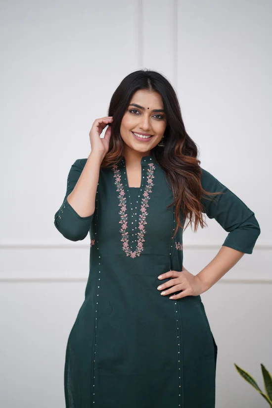 Green Elegance: Pleated Cotton Kurta Set with Embroidery Panels