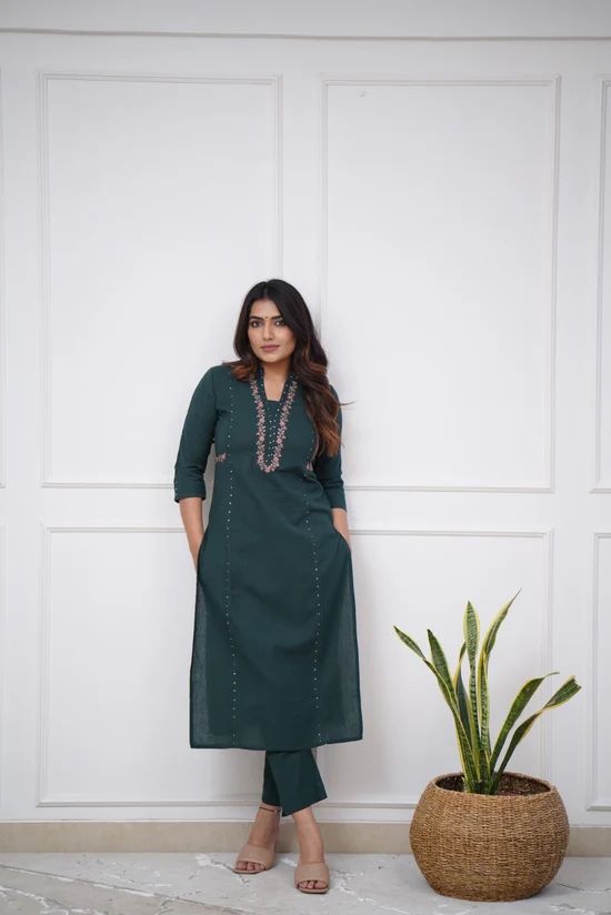 Green Elegance: Pleated Cotton Kurta Set with Embroidery Panels