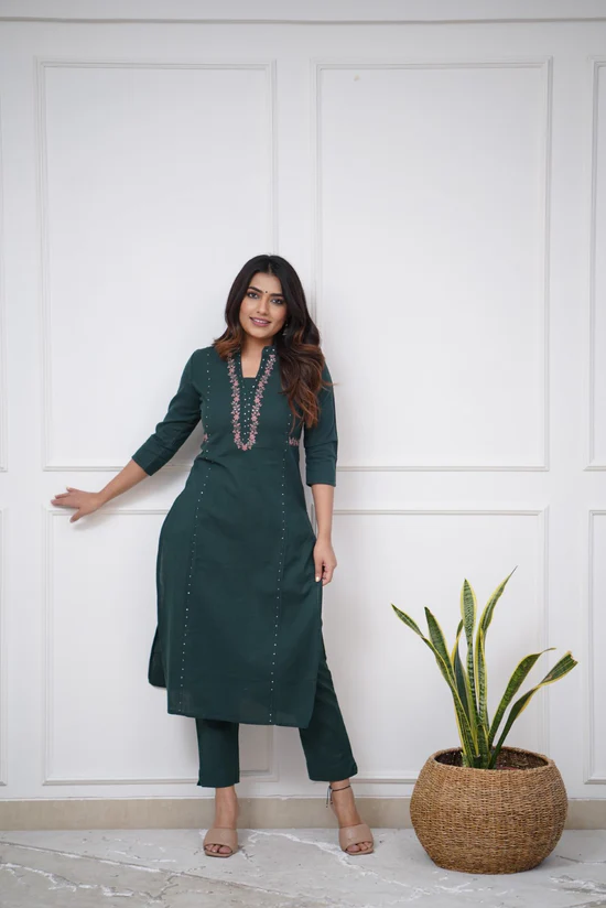 Green Elegance: Pleated Cotton Kurta Set with Embroidery Panels