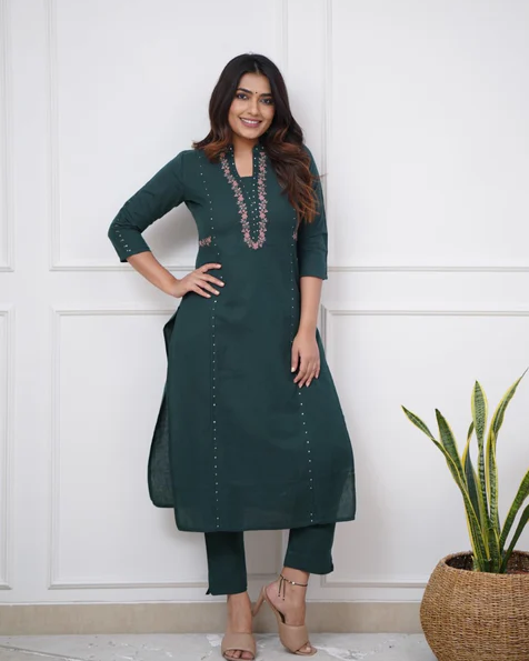 Green Elegance: Pleated Cotton Kurta Set with Embroidery Panels