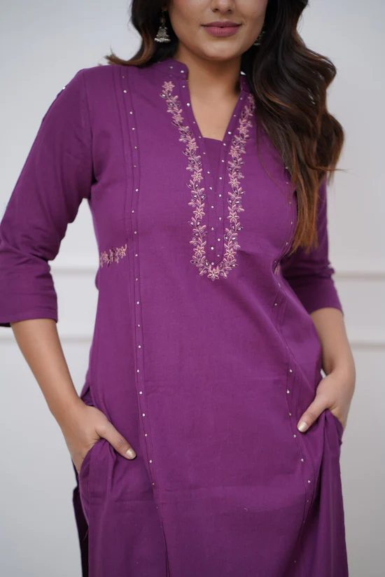 Purple Charm: Pleated Cotton Kurta Set with Embroidery Panels