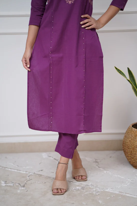 Purple Charm: Pleated Cotton Kurta Set with Embroidery Panels