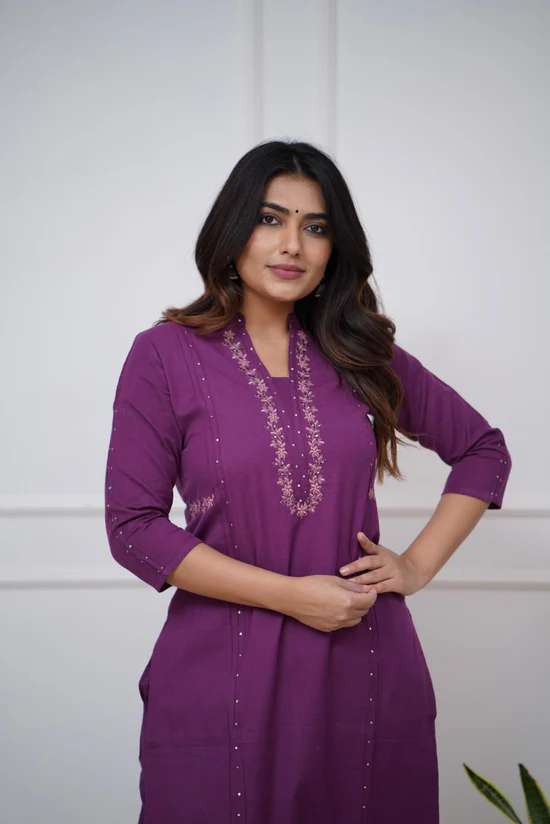 Purple Charm: Pleated Cotton Kurta Set with Embroidery Panels