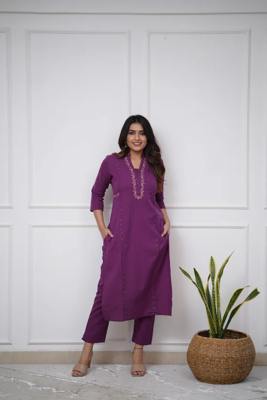 Purple Charm: Pleated Cotton Kurta Set with Embroidery Panels