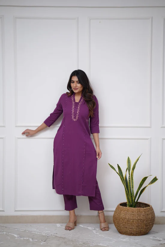 Purple Charm: Pleated Cotton Kurta Set with Embroidery Panels