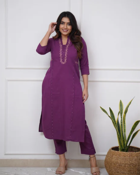 Purple Charm: Pleated Cotton Kurta Set with Embroidery Panels