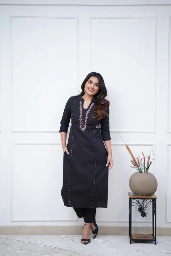 Black Royalty: Pleated Cotton Kurta Set with Embroidery Panels