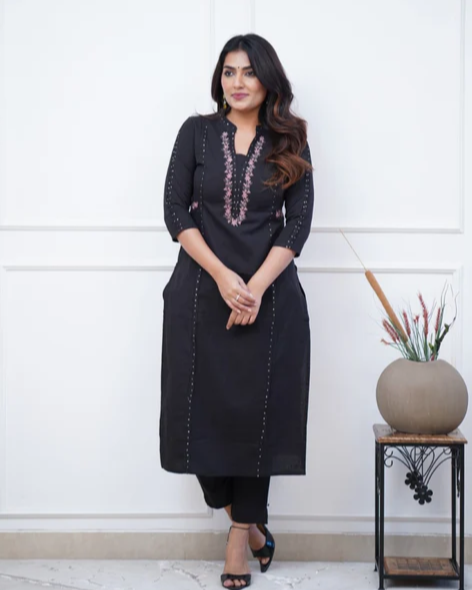 Black Royalty: Pleated Cotton Kurta Set with Embroidery Panels