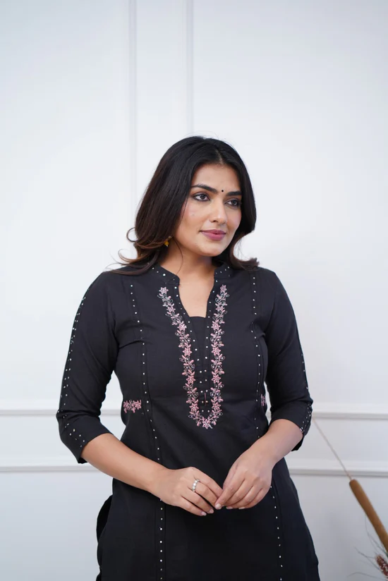 Black Royalty: Pleated Cotton Kurta Set with Embroidery Panels