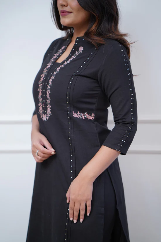 Black Royalty: Pleated Cotton Kurta Set with Embroidery Panels