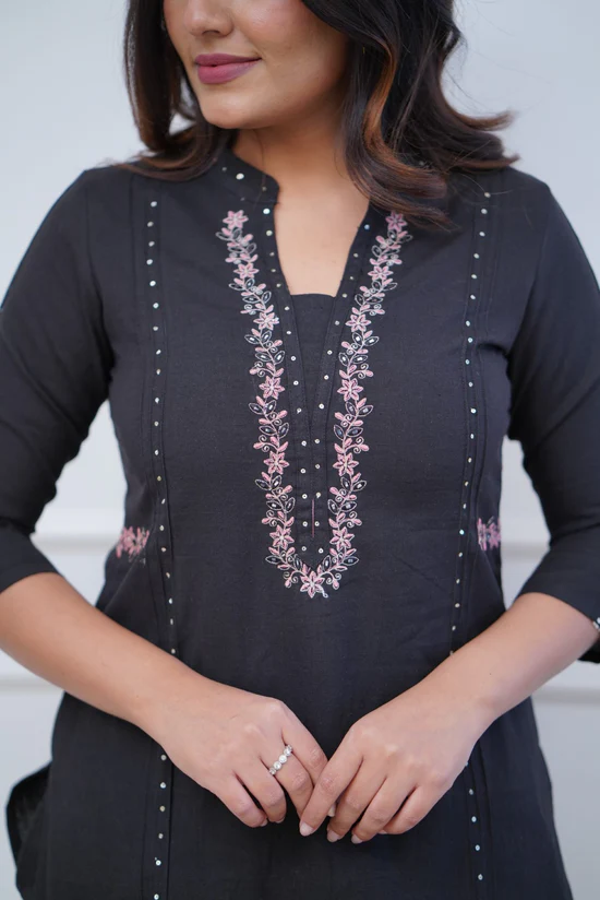 Black Royalty: Pleated Cotton Kurta Set with Embroidery Panels