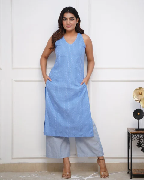 Blue Handloom Katha Work Kurta Set with Plazo