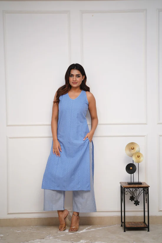 Blue Handloom Katha Work Kurta Set with Plazo