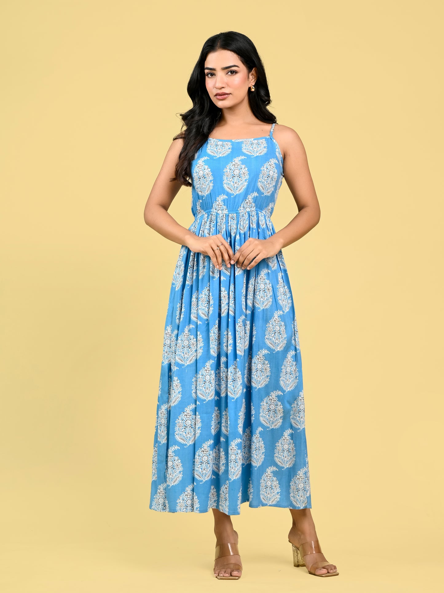 Blue Floral Screen Print Spaghetti Dress