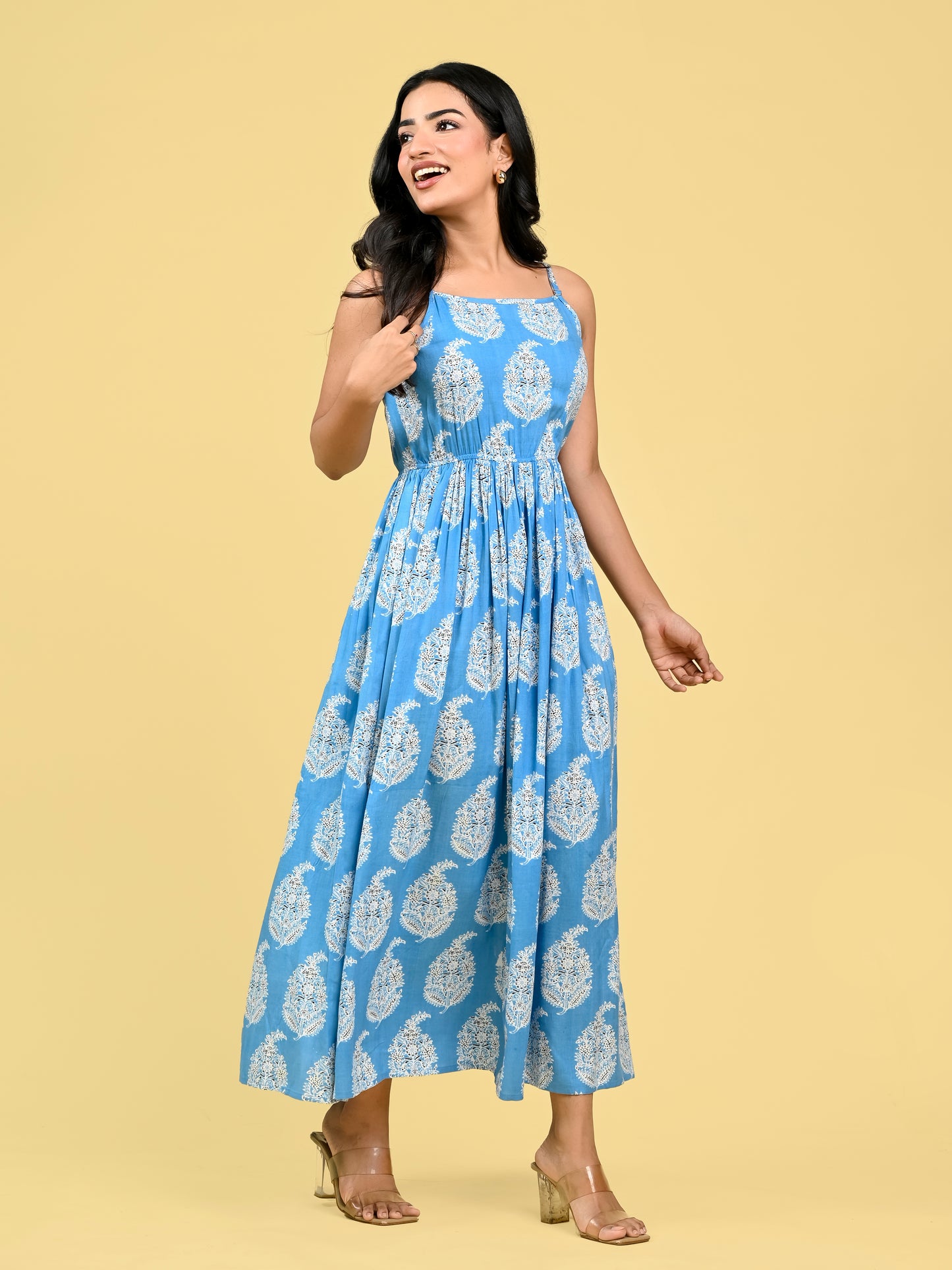 Blue Floral Screen Print Spaghetti Dress