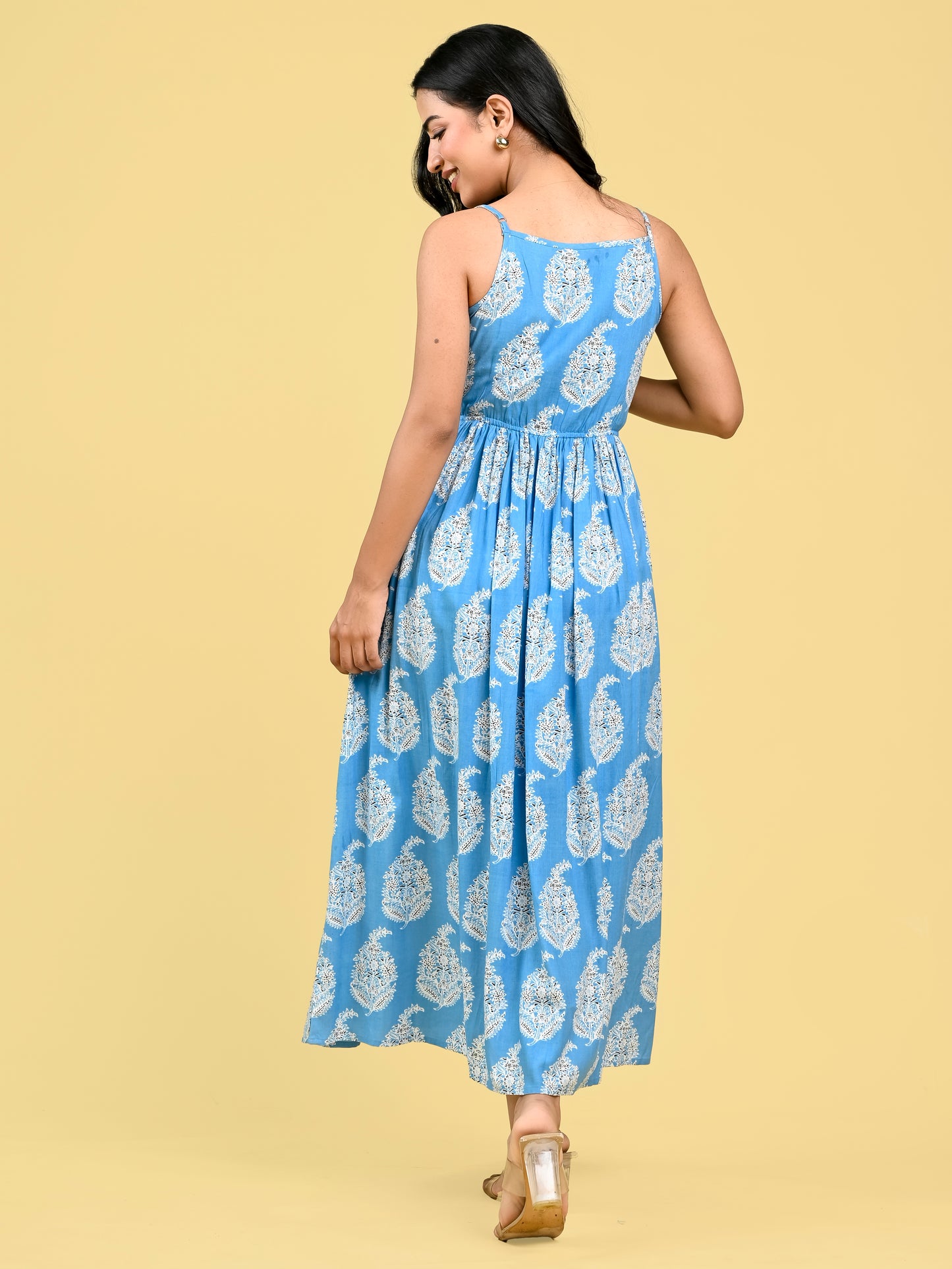 Blue Floral Screen Print Spaghetti Dress