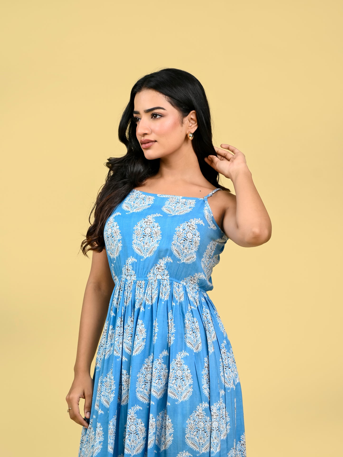 Blue Floral Screen Print Spaghetti Dress