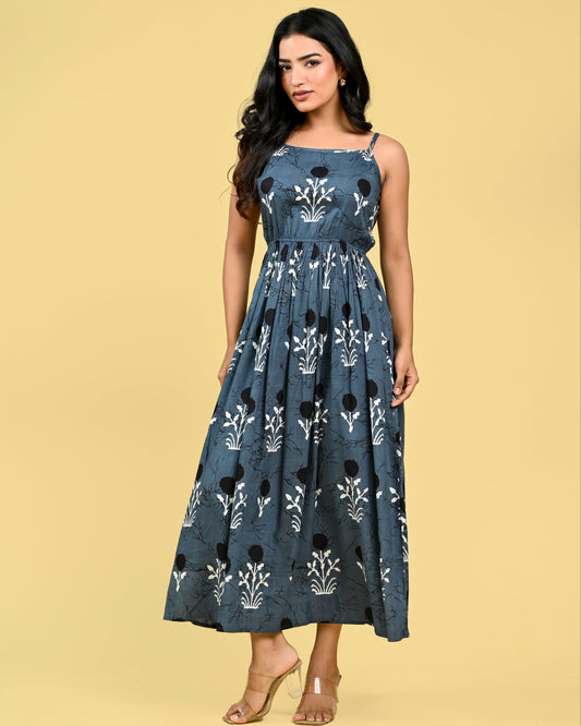 Grey Floral Screen Print Spaghetti Dress