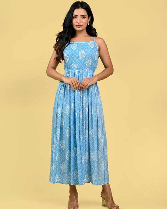 Light Blue Floral Screen Print Spaghetti Dress