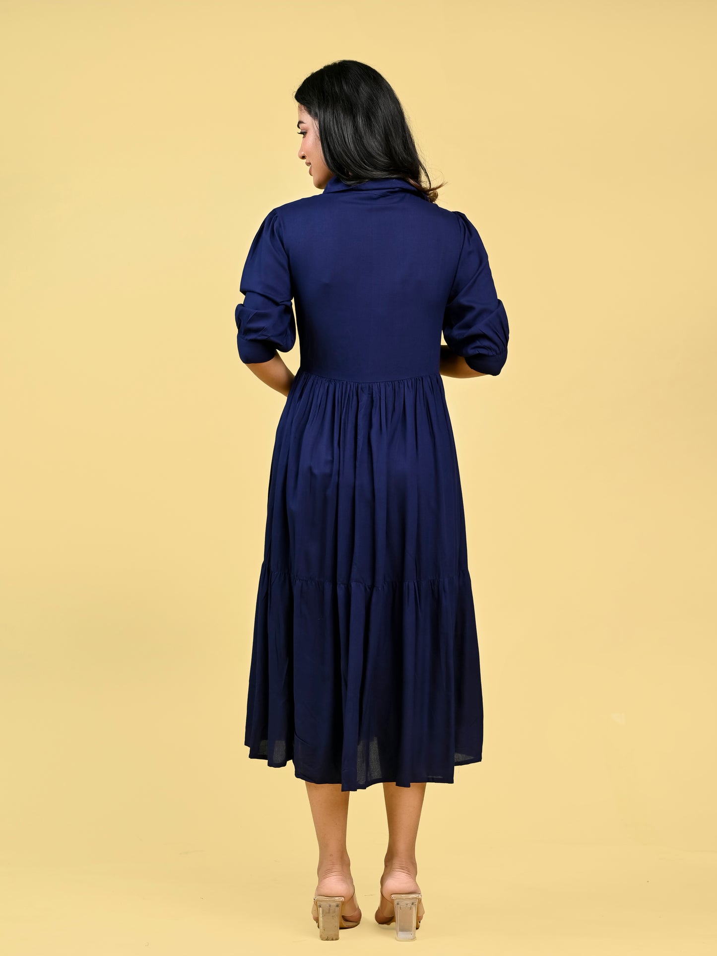 Blue Button-Front Collared Dress