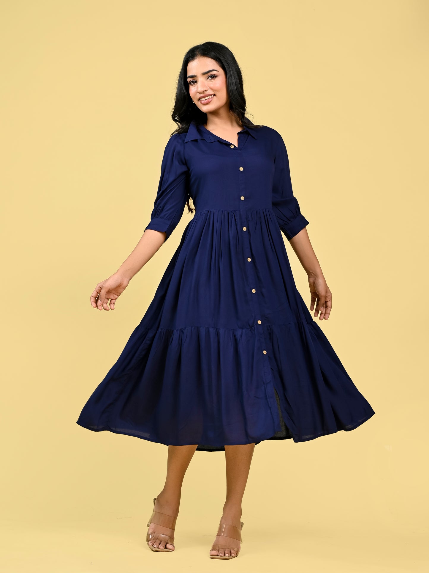 Blue Button-Front Collared Dress