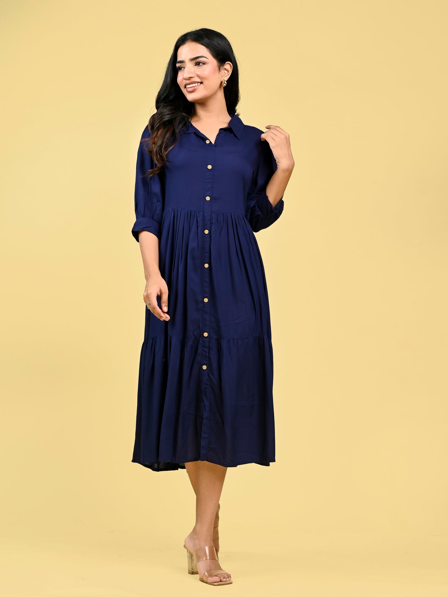 Blue Button-Front Collared Dress