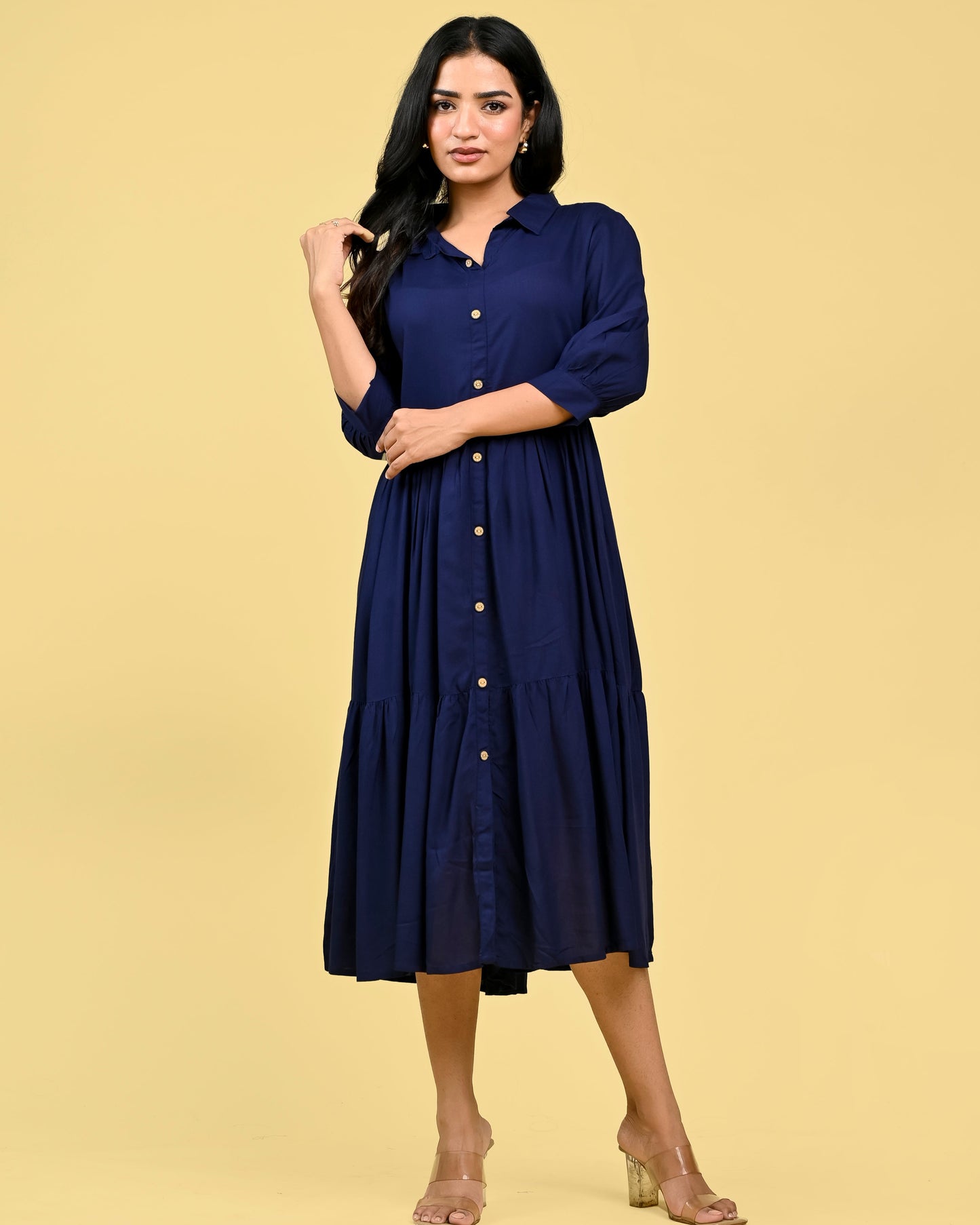 Blue Button-Front Collared Dress