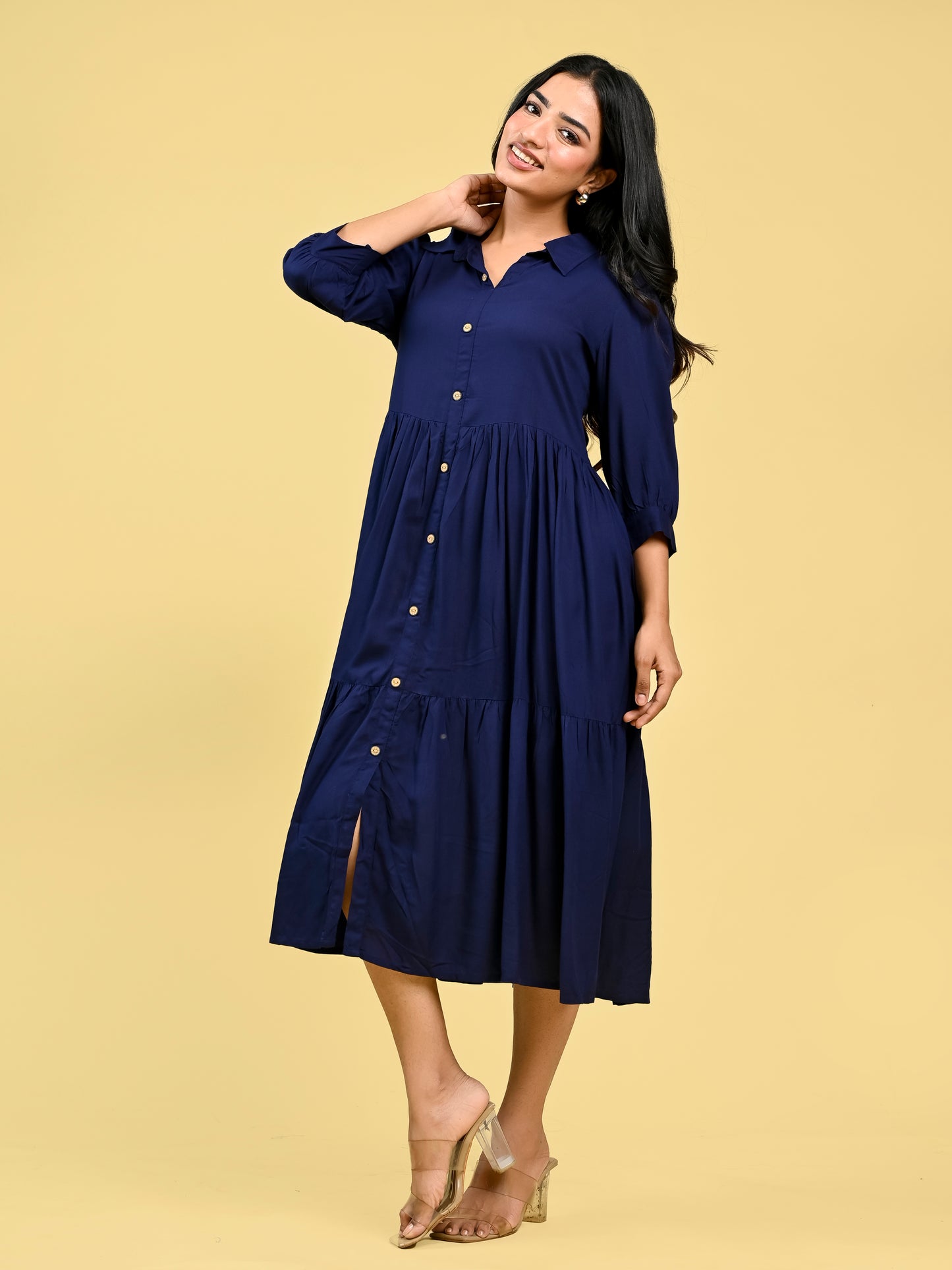 Blue Button-Front Collared Dress