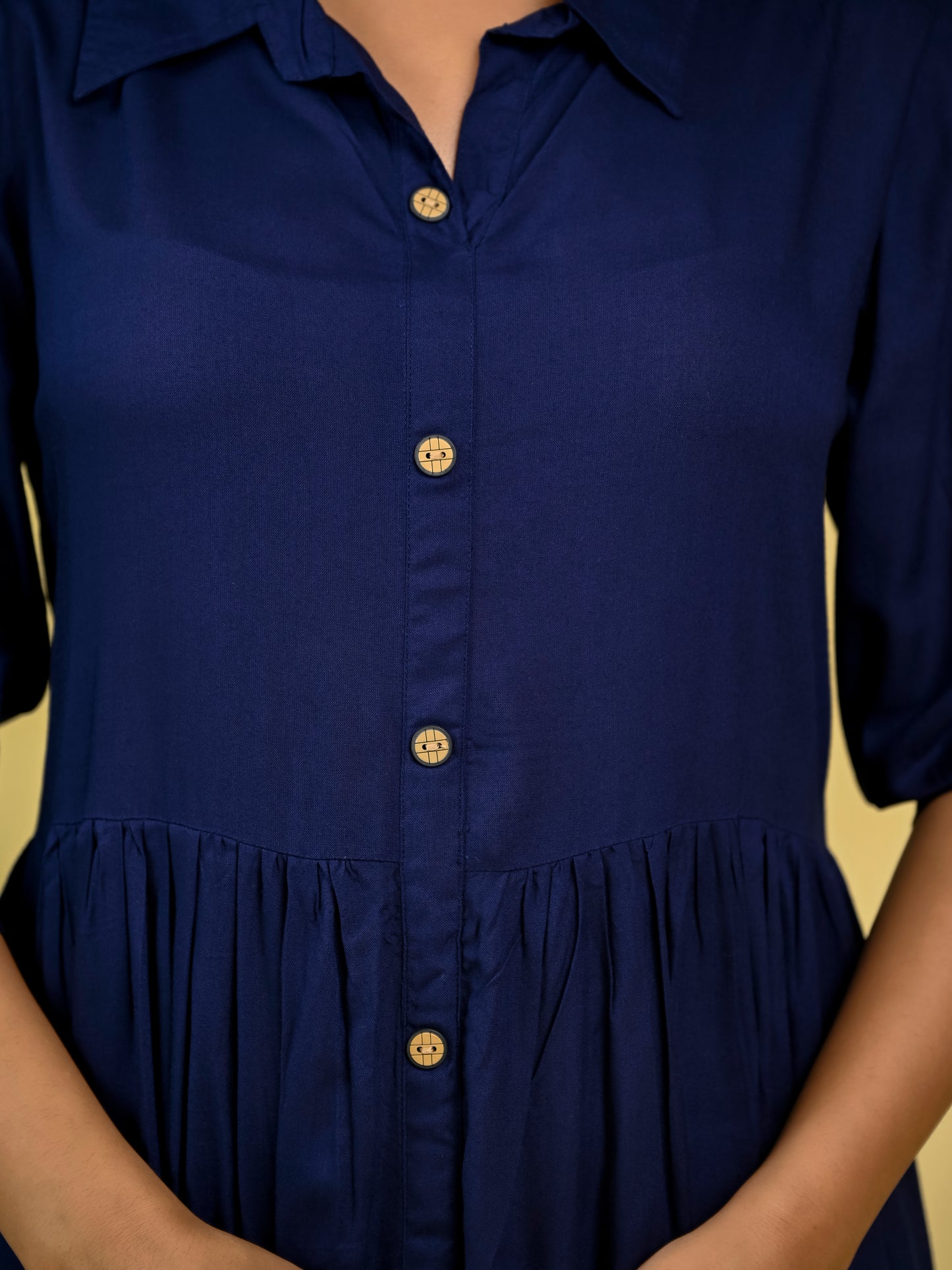 Blue Button-Front Collared Dress