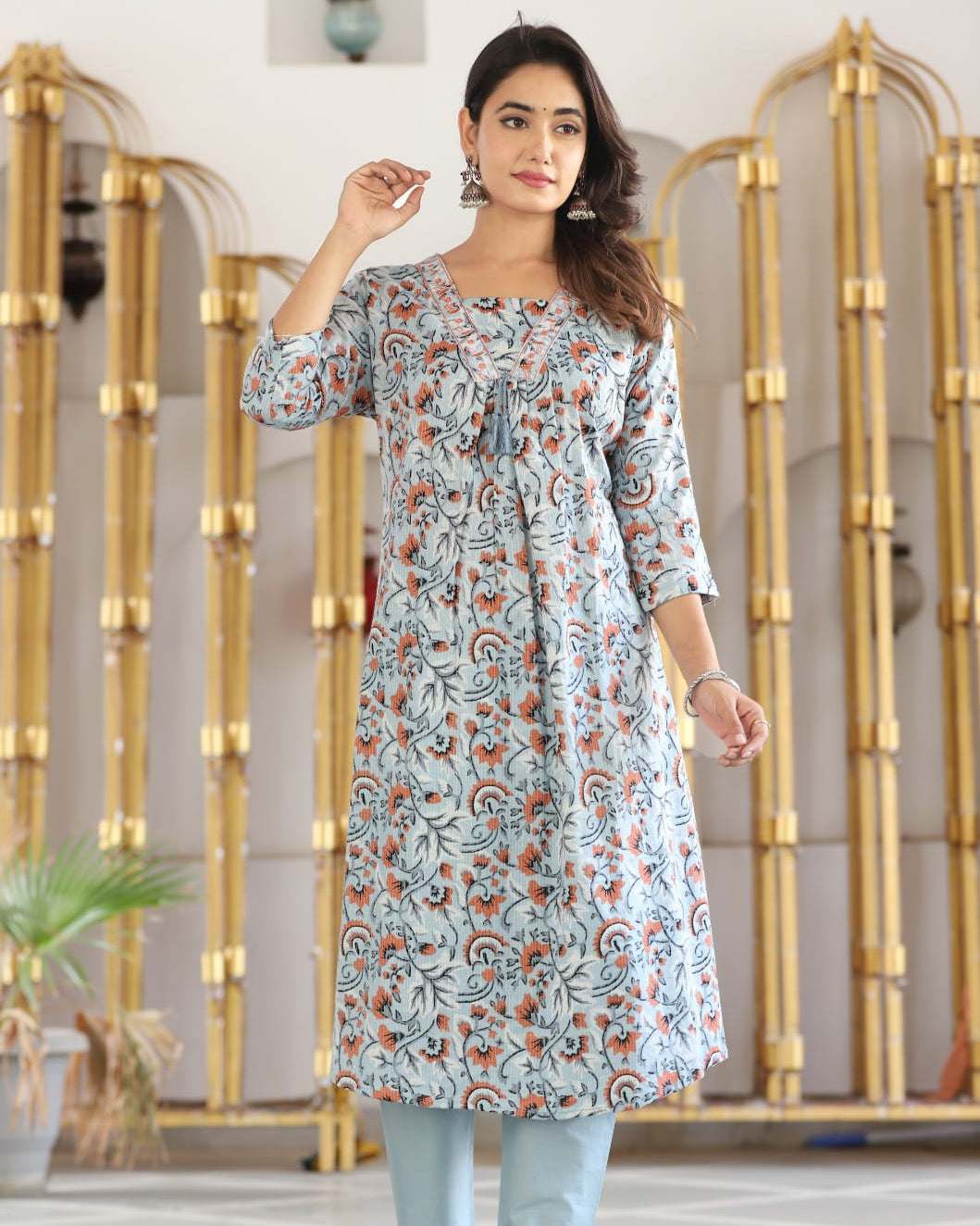 Graceful Grey Anarkali Cotton Kurta Set