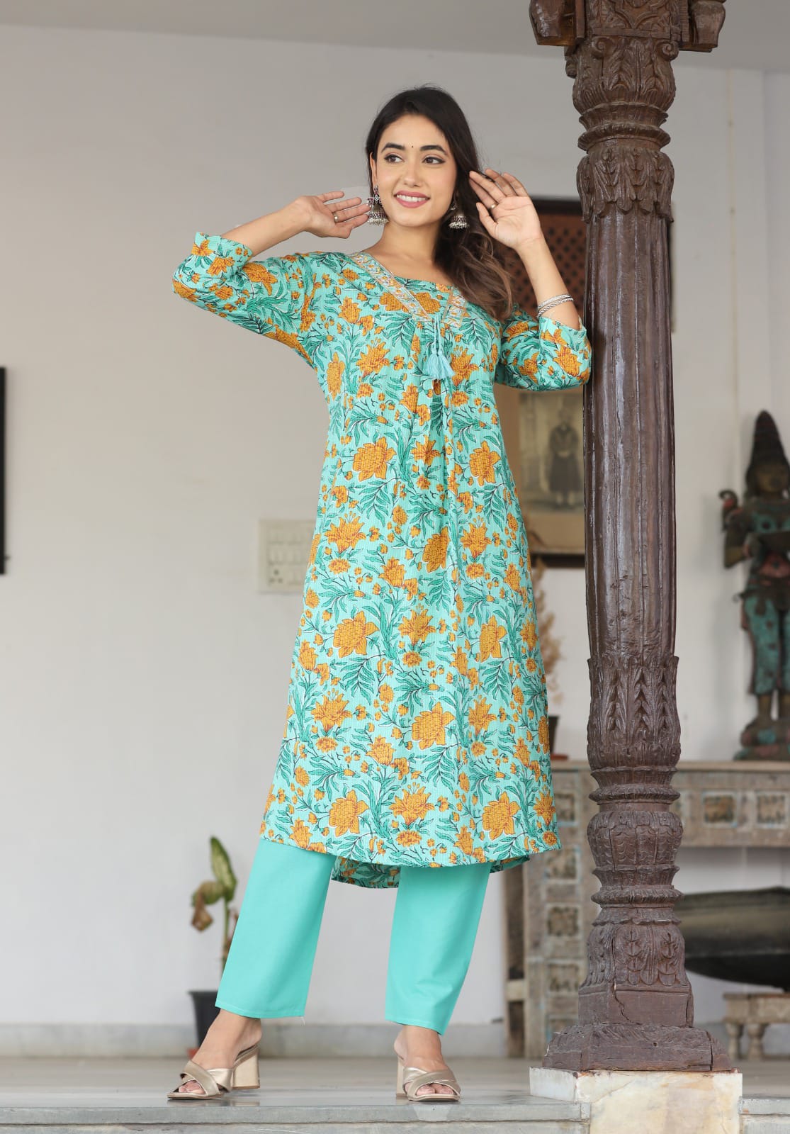 Vibrant Green Anarkali Cotton Kurta Set