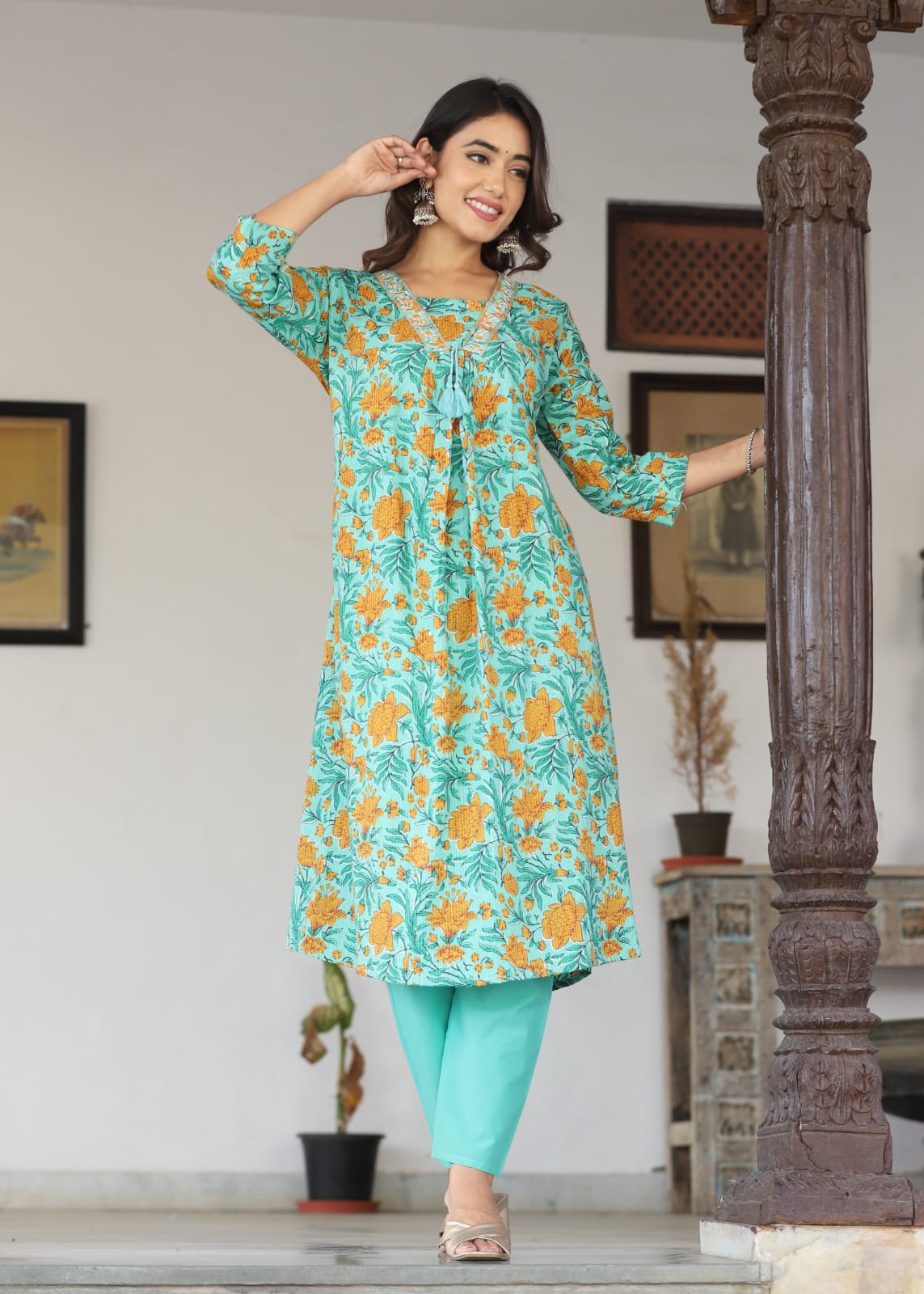 Vibrant Green Anarkali Cotton Kurta Set