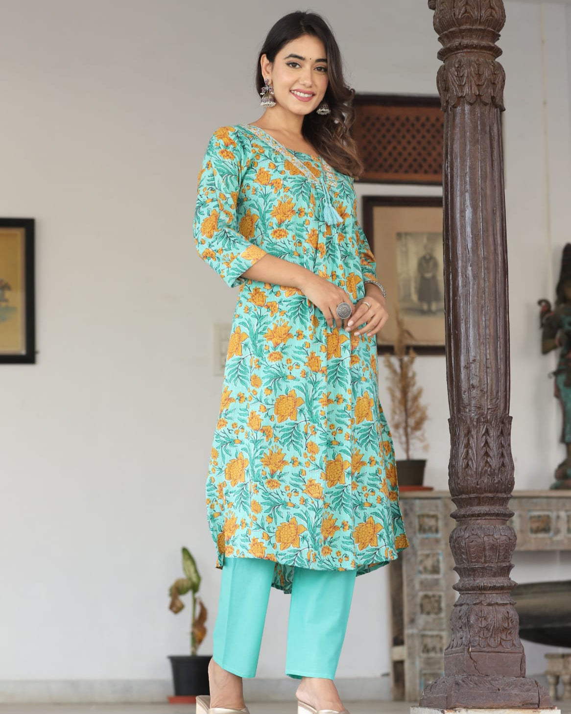 Vibrant Green Anarkali Cotton Kurta Set