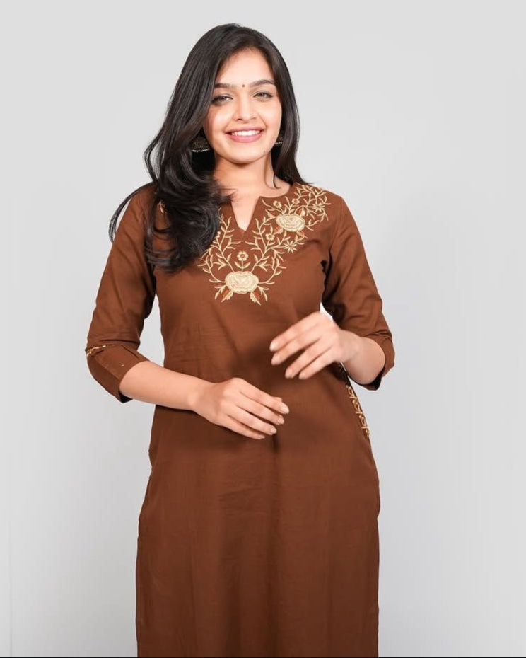 Brown Elegance: Embroidered Cotton Kurta Set