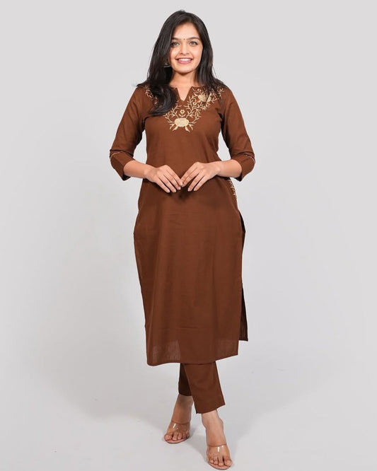 Brown Elegance: Embroidered Cotton Kurta Set