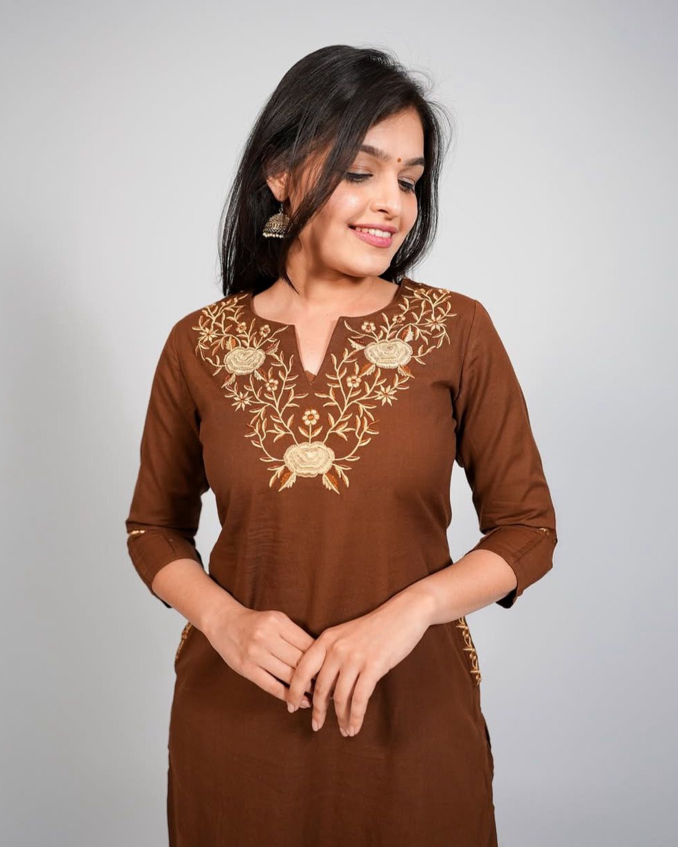 Brown Elegance: Embroidered Cotton Kurta Set