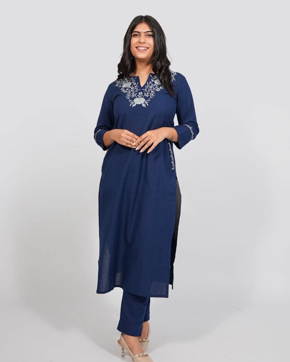 Navy Blue Grace: Embroidered Cotton Kurta Set