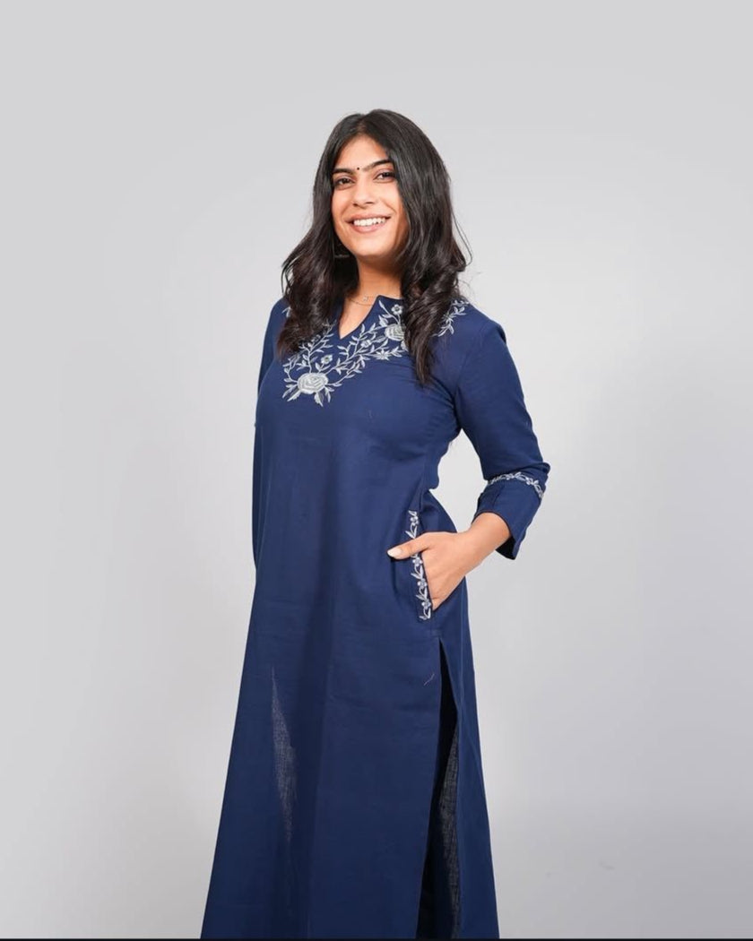 Navy Blue Grace: Embroidered Cotton Kurta Set