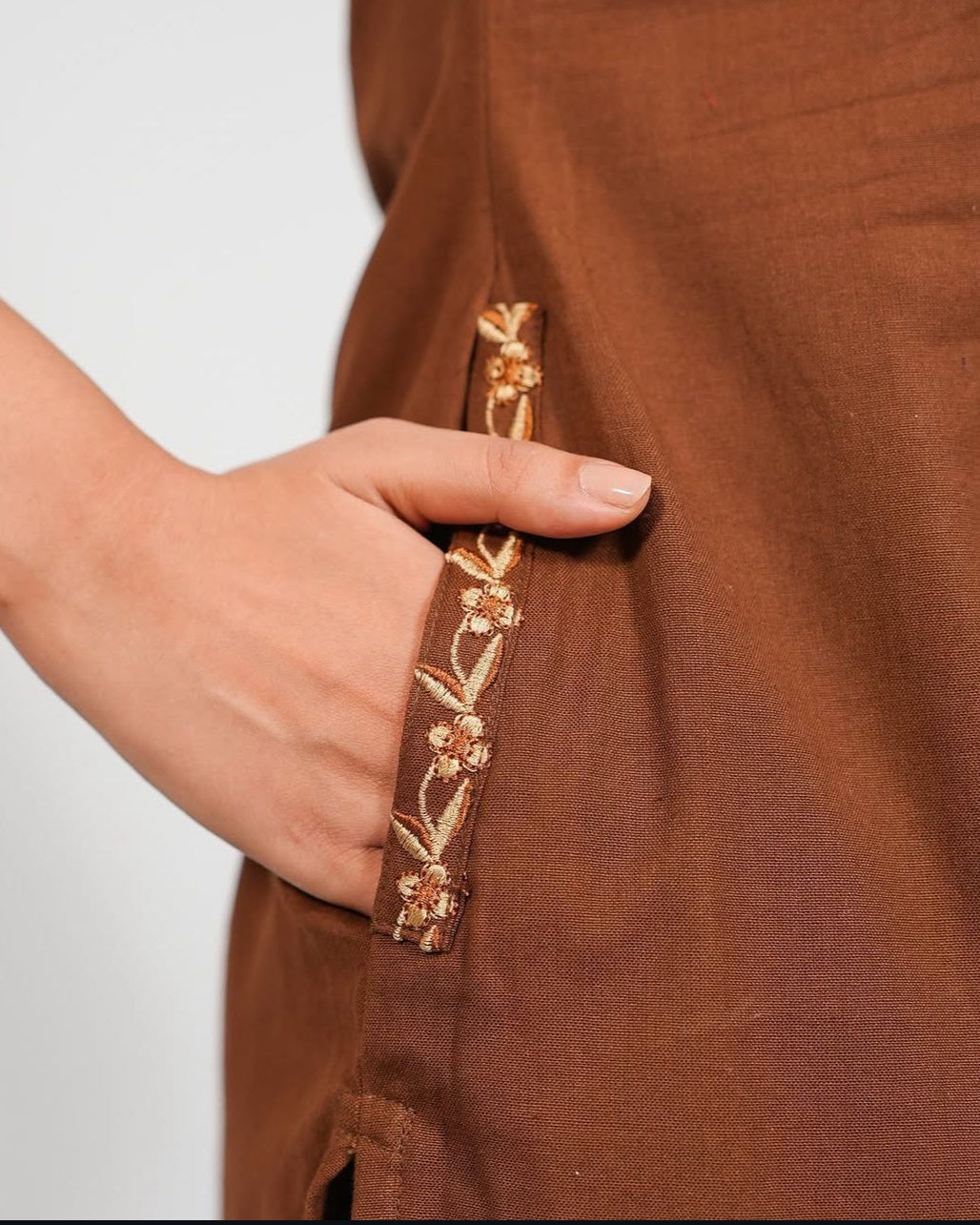 Brown Elegance: Embroidered Cotton Kurta Set